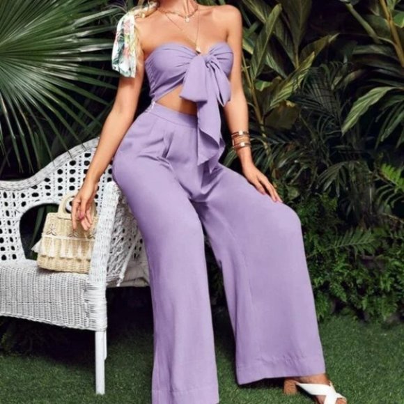 Tie Front Tube Top & Pleated Wide Leg Pants Set purple